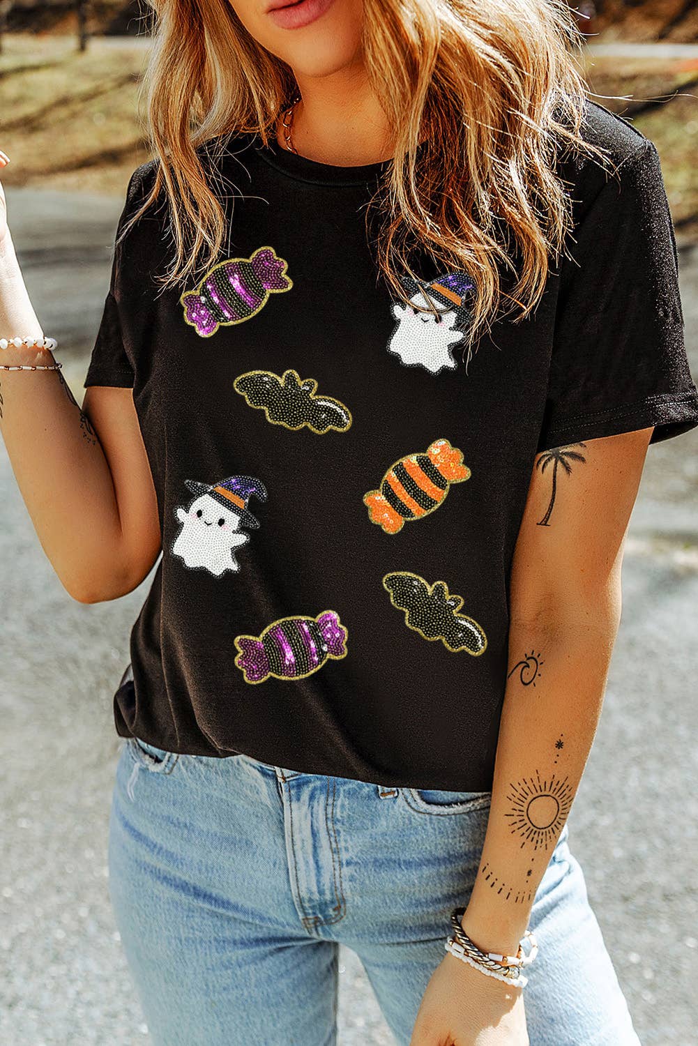 Sequined Halloween Spirit Patch Graphic T-Shirt