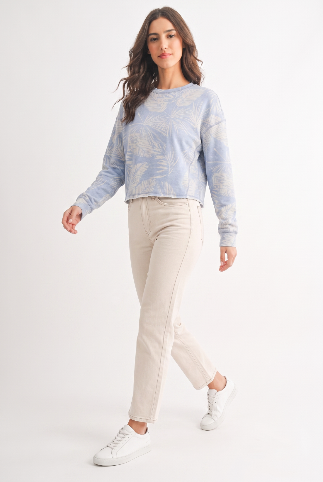 French Terry Leaf Print Crewneck Top