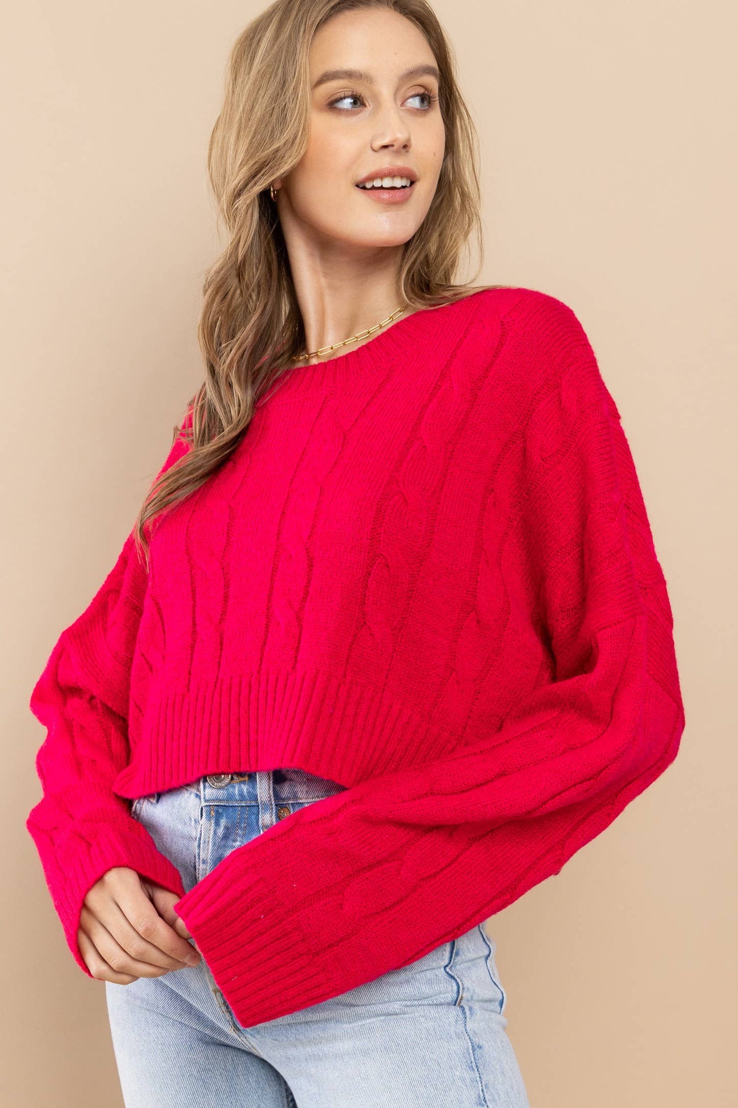 Cable Cropped Sweater - Retro/Vintage Design ~ Pink