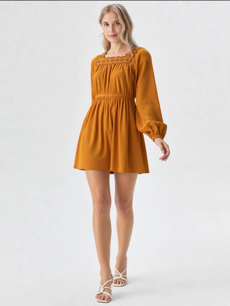 Embroidery Square Neck Corduroy Mini Dress