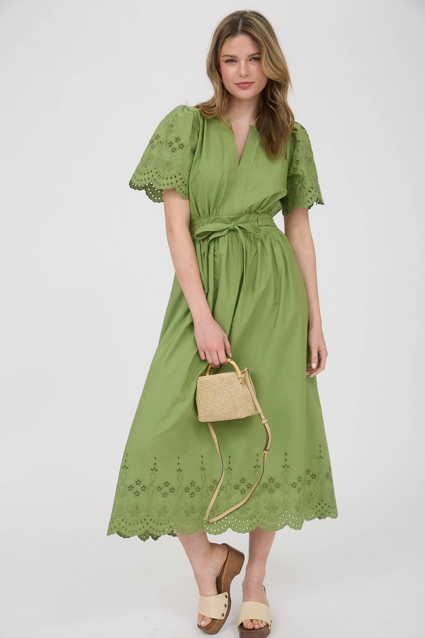EMBROIDERY EYELET DETAIL MIDI DRESS