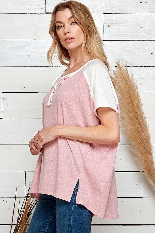 WOMEN SOLID SHORT SLEEVE SLIT CUT TOP WITH BUTTONS