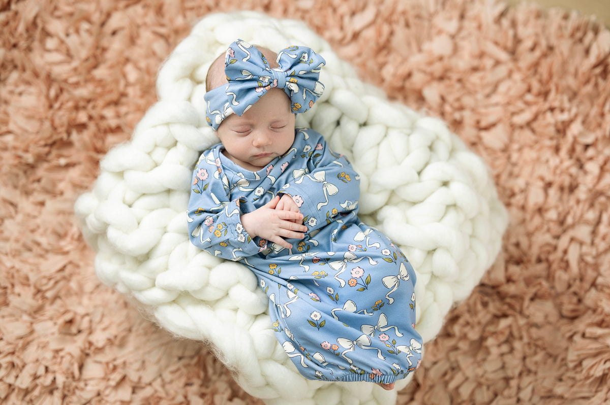 Blue Bow Pink Floral Baby Gown Set: 0-3 Months