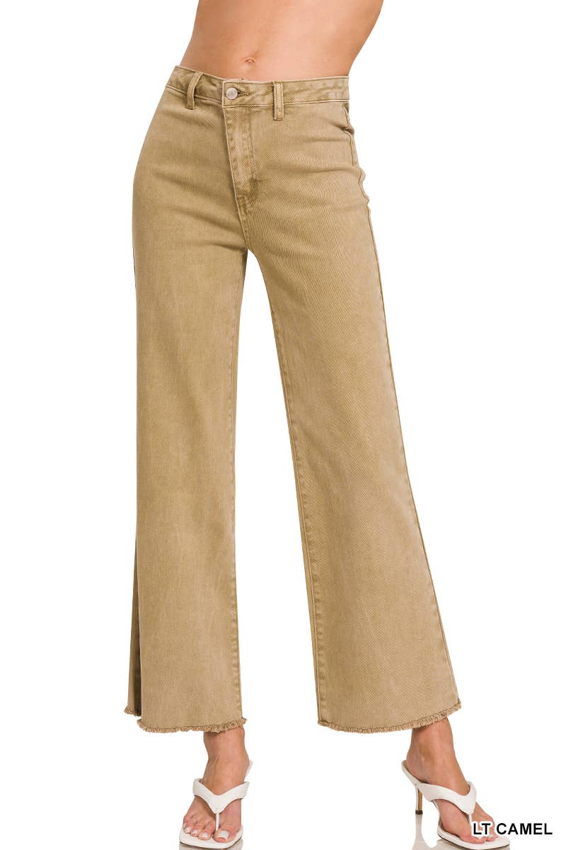 ACID WASHED FRAYED CUTOFF HEM STRAIGHT WIDE PANTS