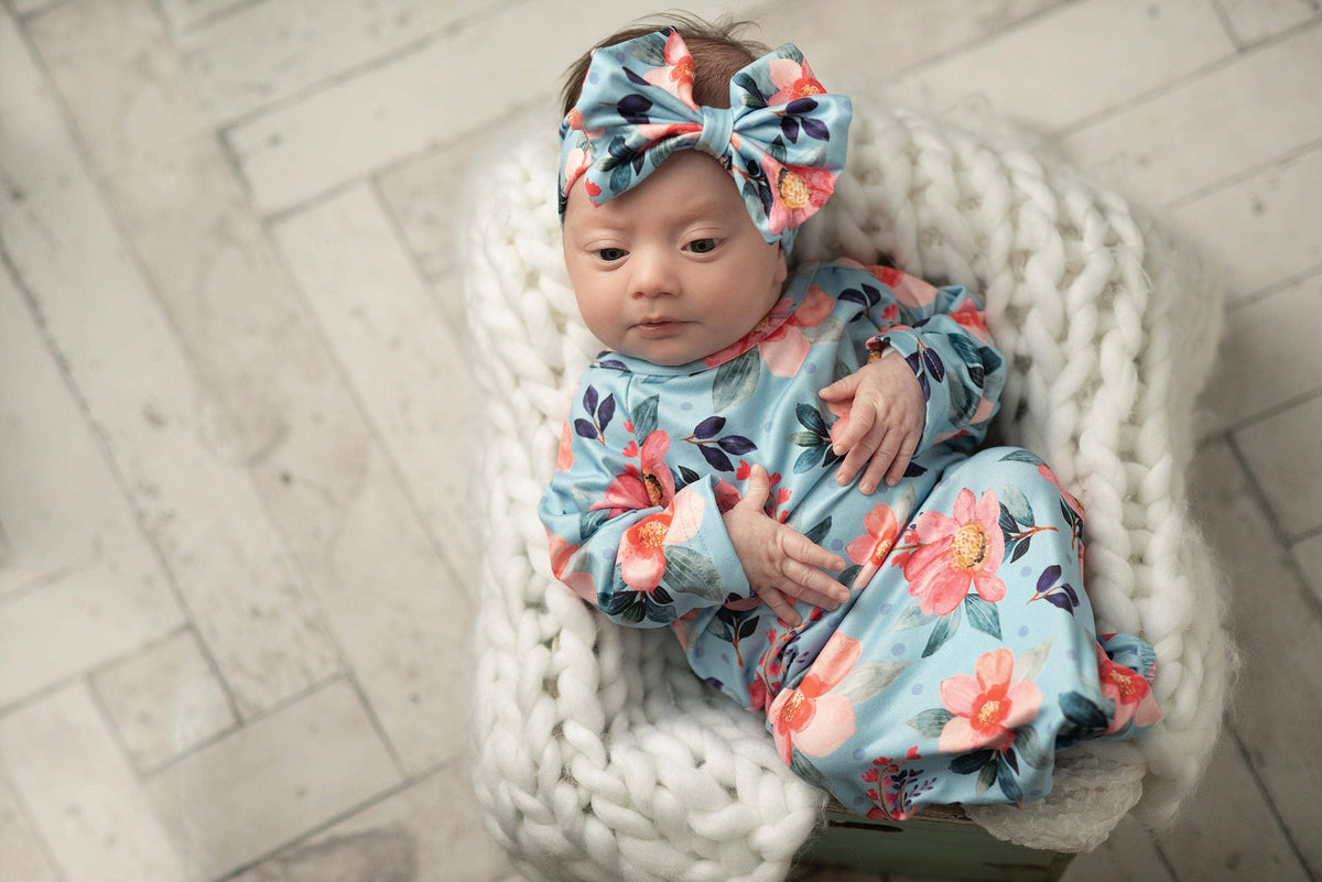 Infant Girls Coral Flower & Blue Baby Gown and Bow Headband: 0-3M