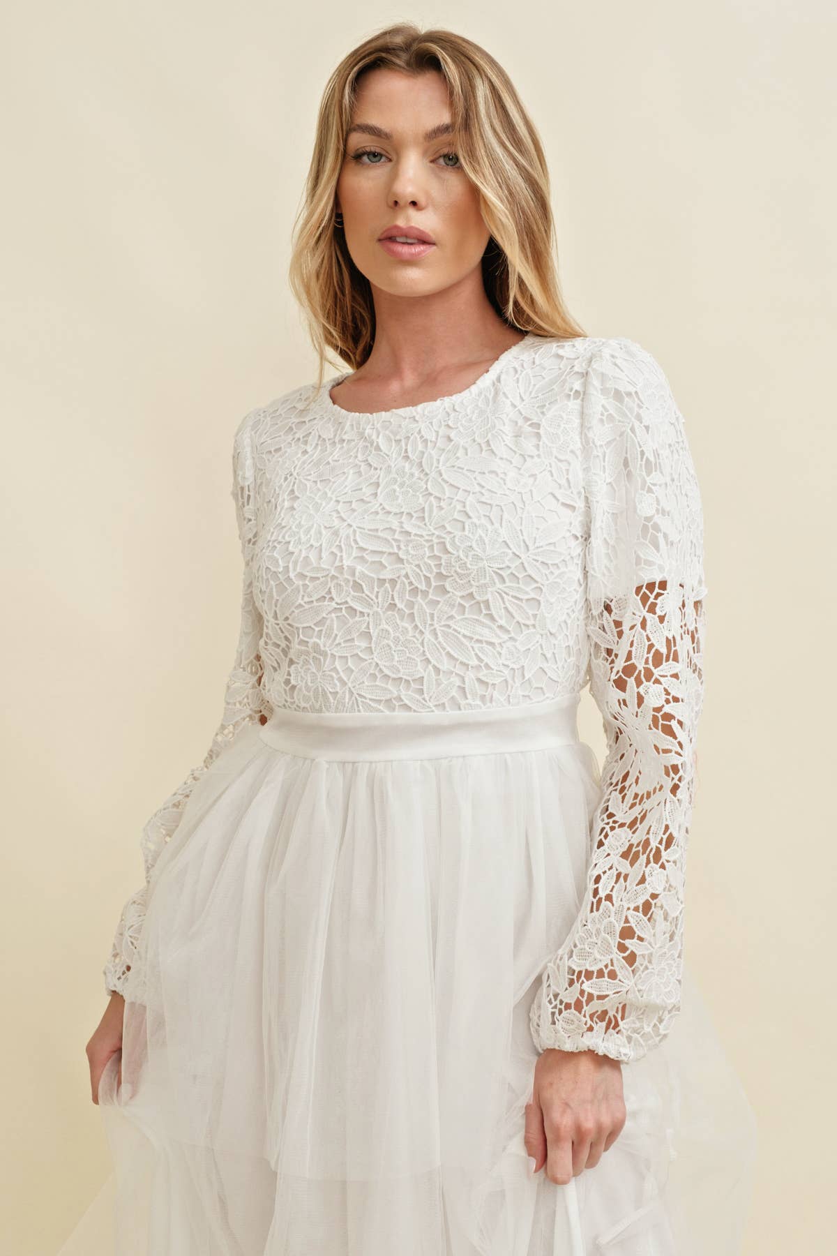 LACE LONG SLEEVE TULLE MIDI DRESS