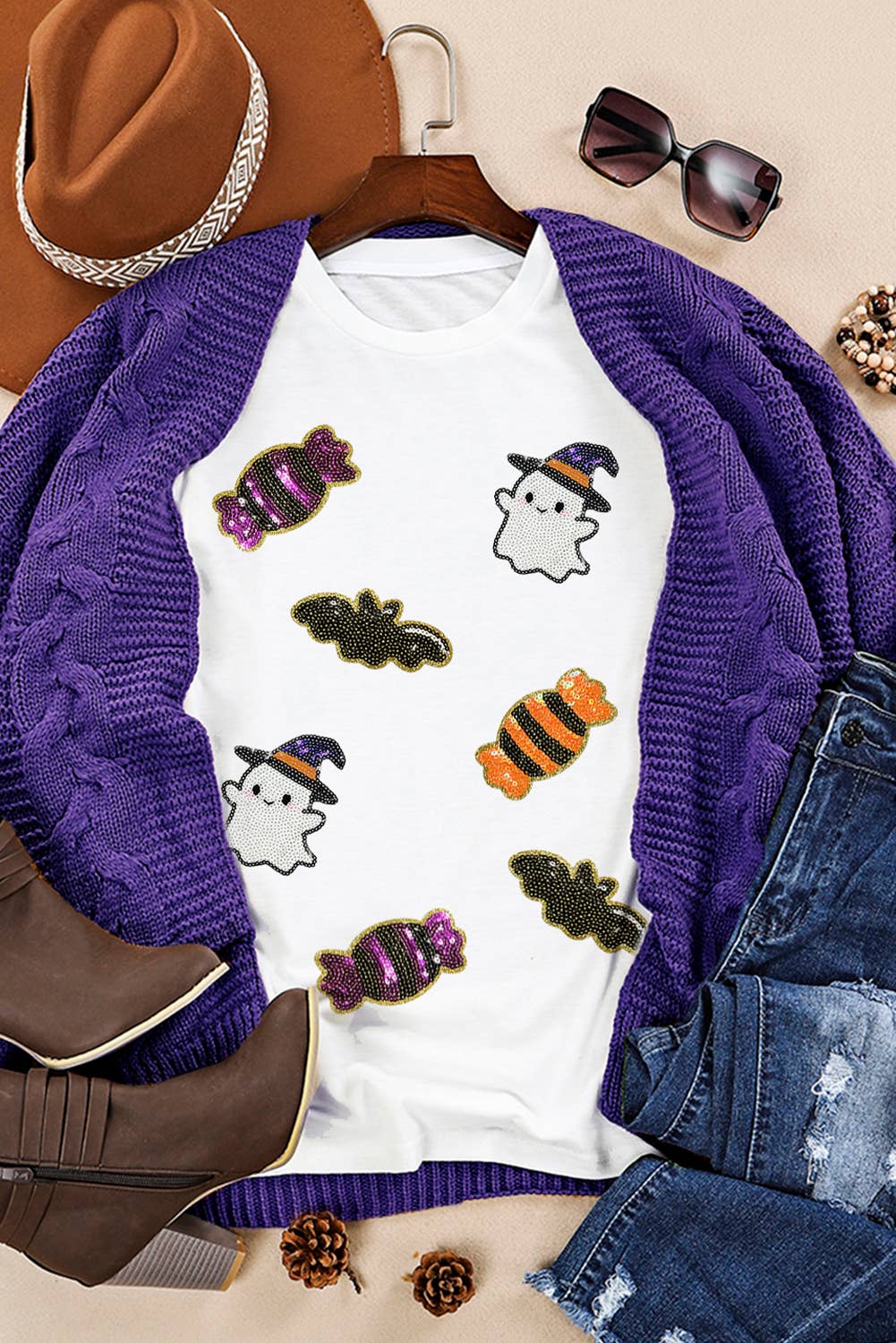 Sequined Halloween Spirit Patch Graphic T-Shirt