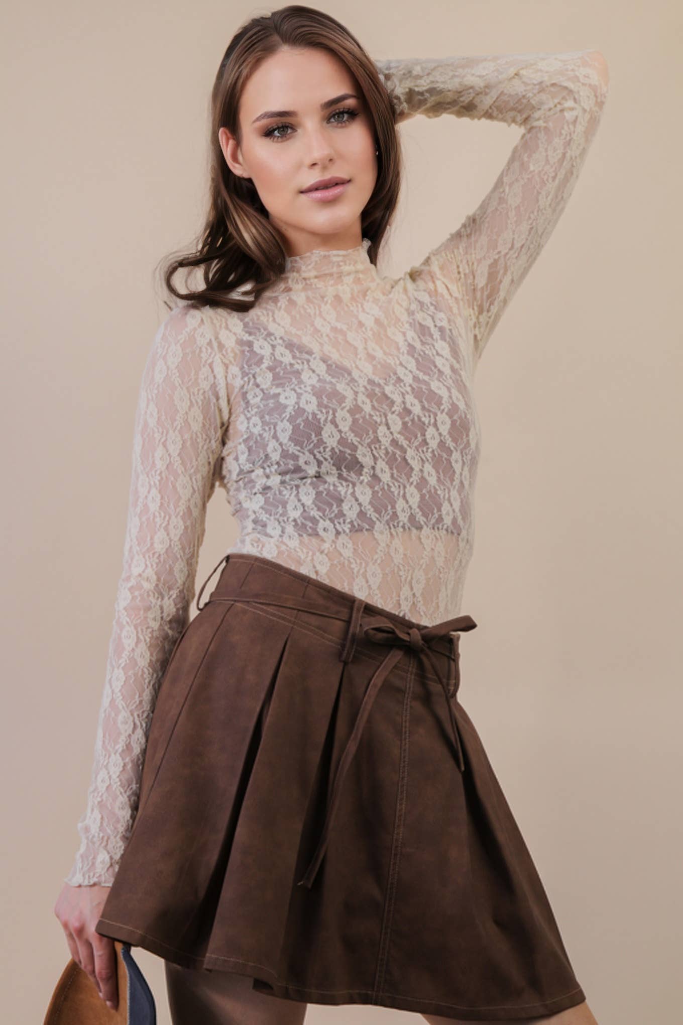High Neck Fitted Sheer Mesh Lace Knit Top ~ Champagne