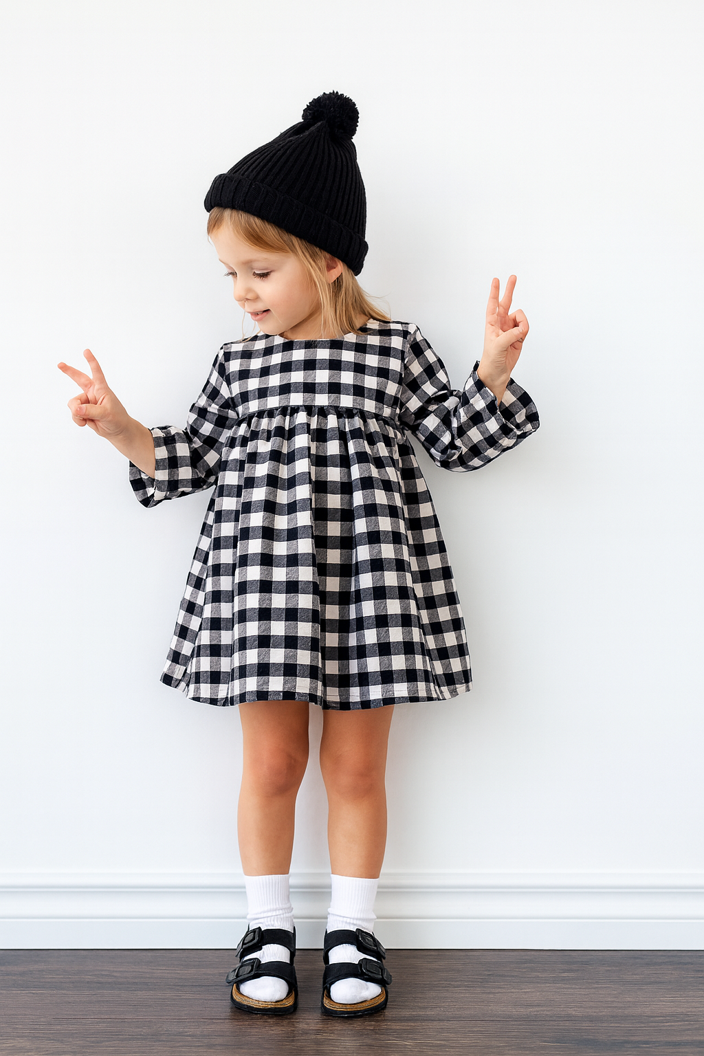Black & White Gingham Cotton Little Girl Dress