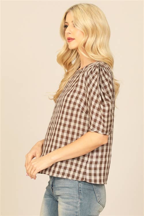 Plaid Half Puff Sleeve Top
