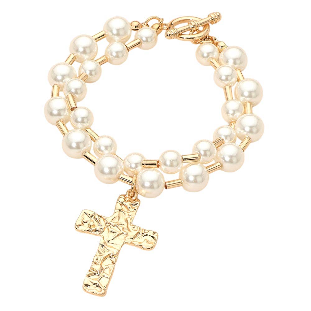 Hammered Metal Cross Charm Layered Pearl Beaded Toggle Bracelet