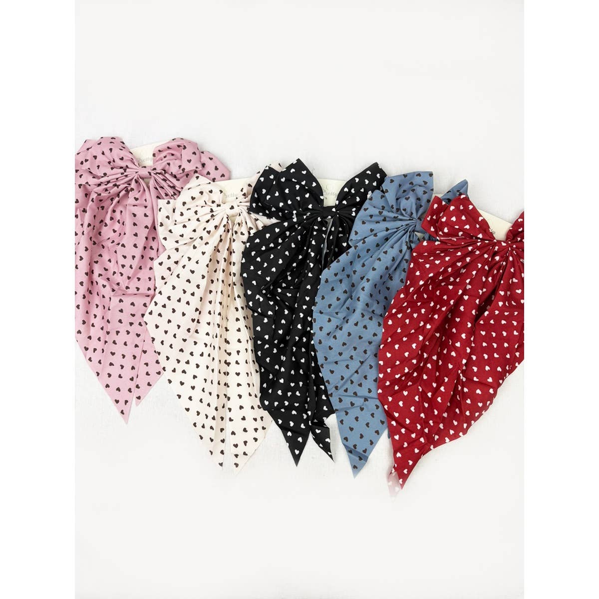 Heart Print Long Tail Satin Hair Bow Clip