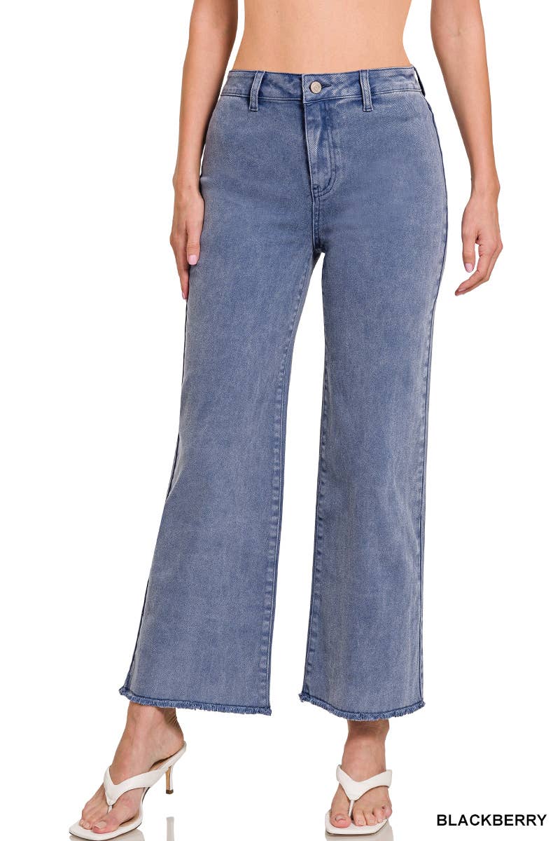ACID WASHED FRAYED CUTOFF HEM STRAIGHT WIDE PANTS