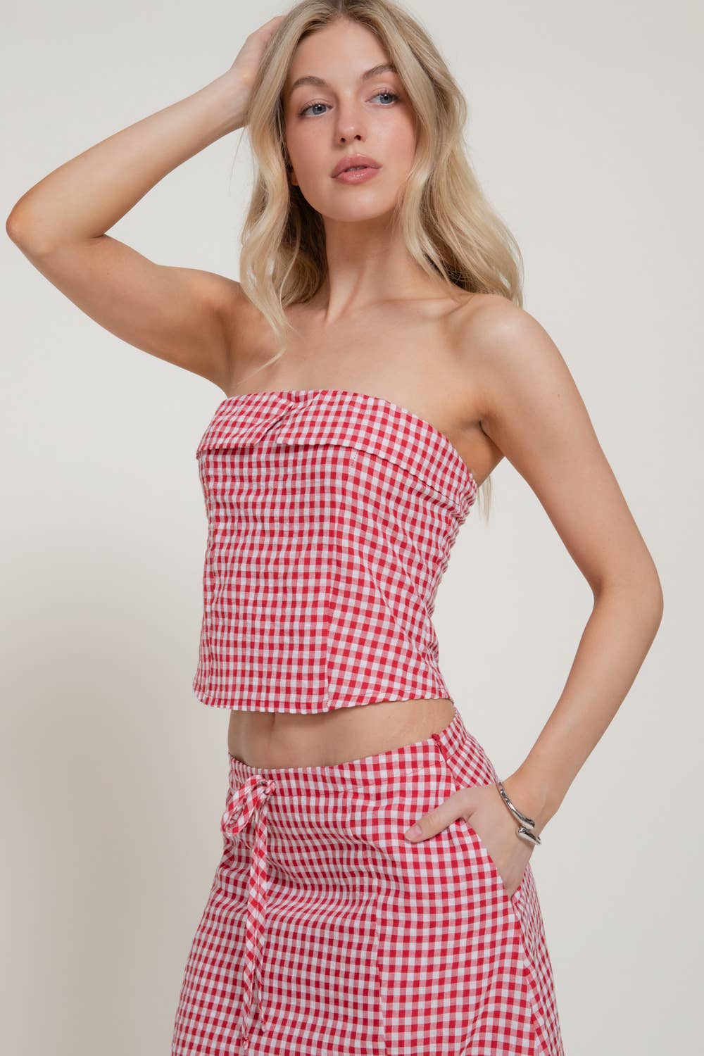 Seersucker Bandeau Top & A-line Midi Skirt Set