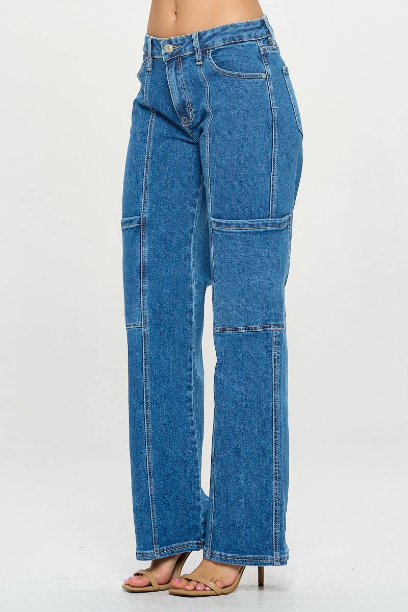- Medium Wash - Mid Rise Cargo Wide Leg Jeans