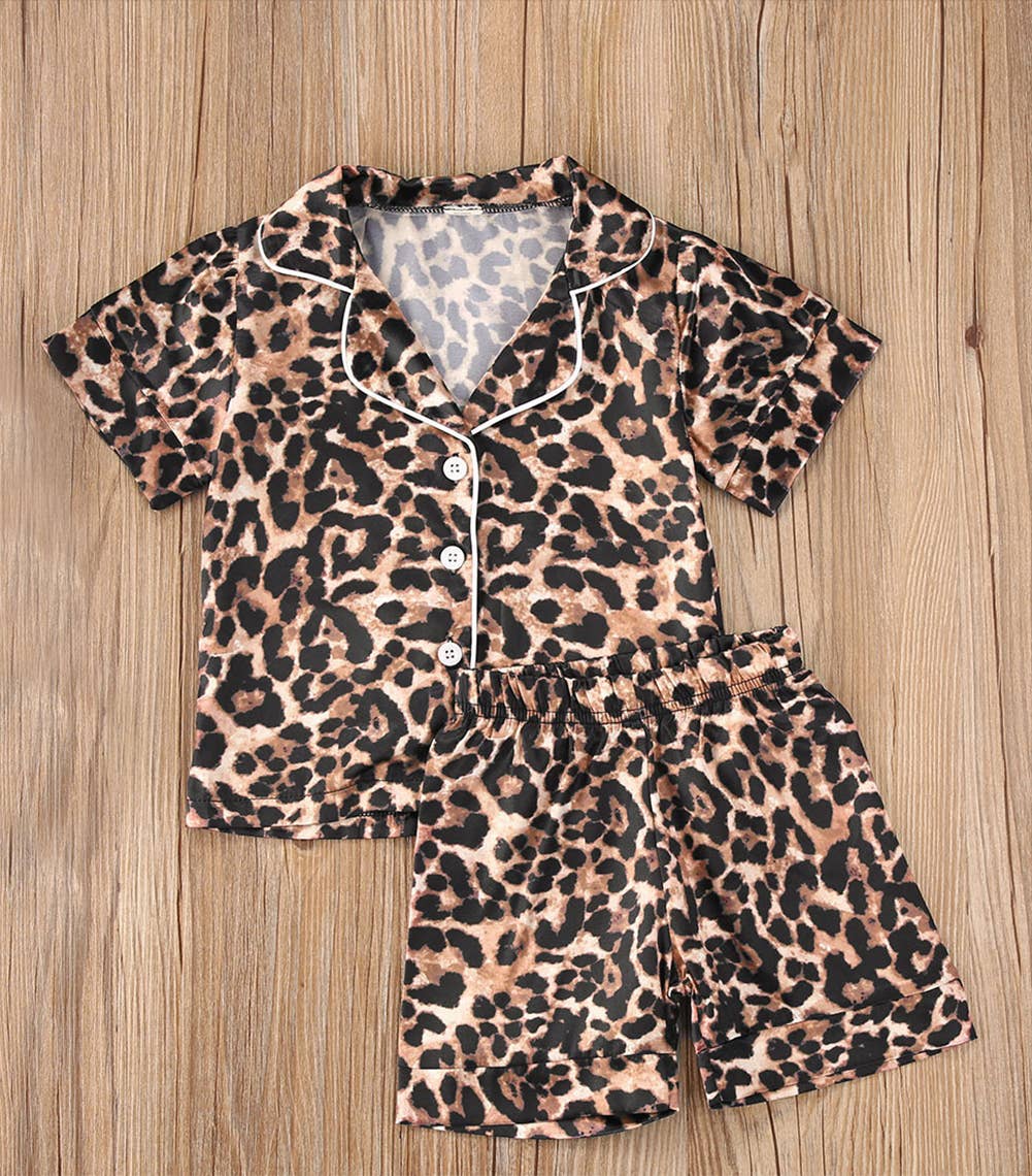 Brown Leopard Short Sleeve Girl 2pcs Pajamas Set