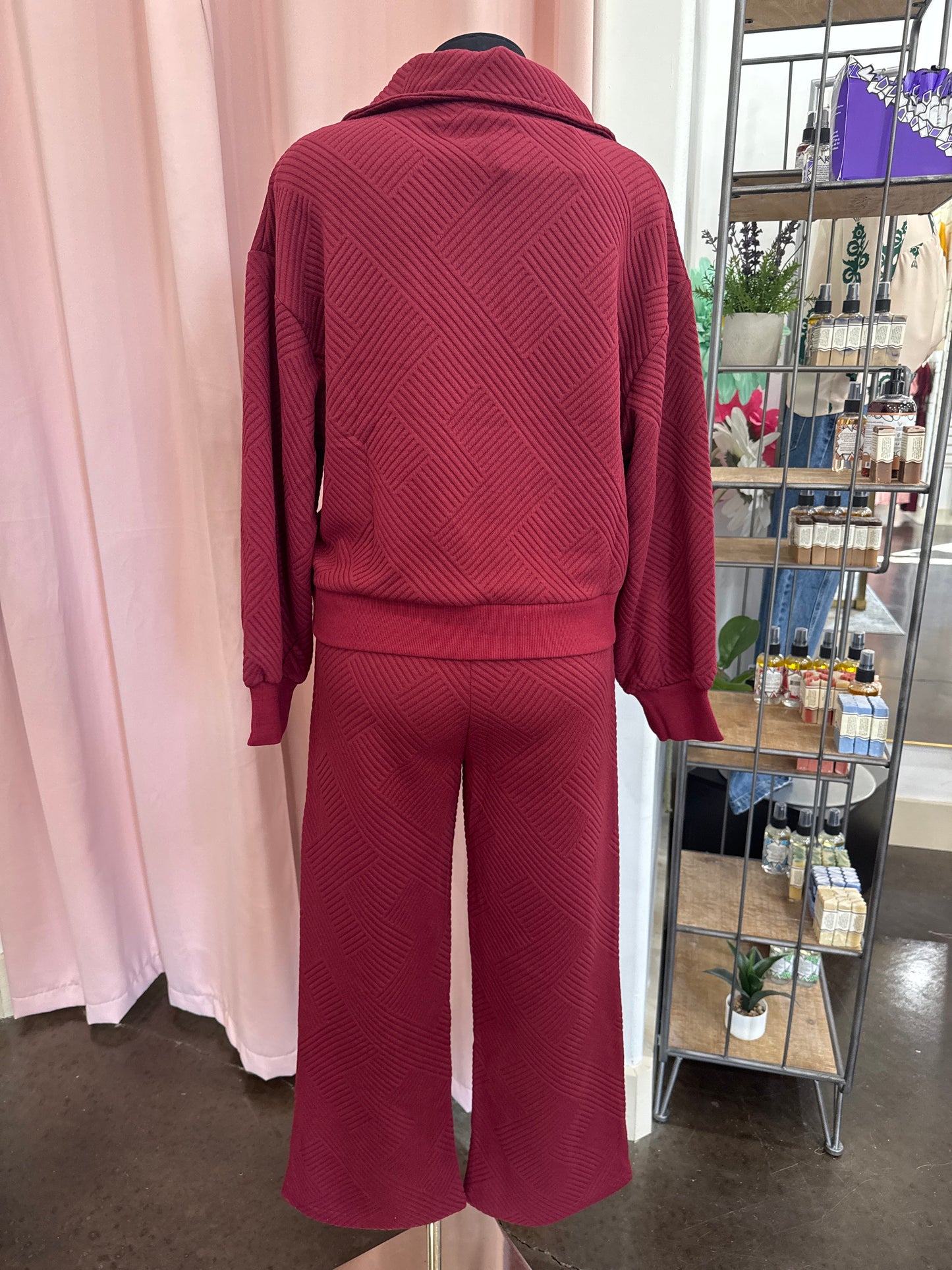 Davy Textured Knit Casual Comfy Top & Pants Set: WINE