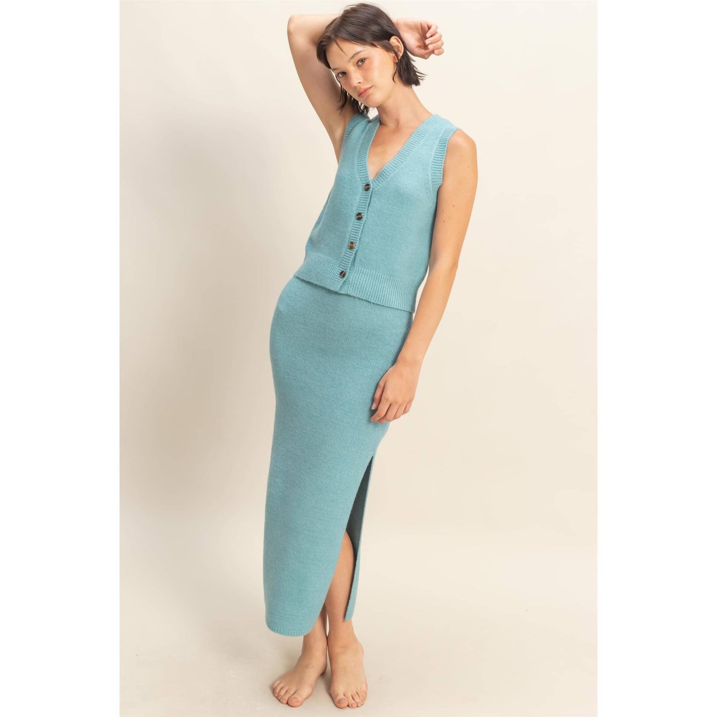 Button Front Vest & Midi Skirt Knit Set