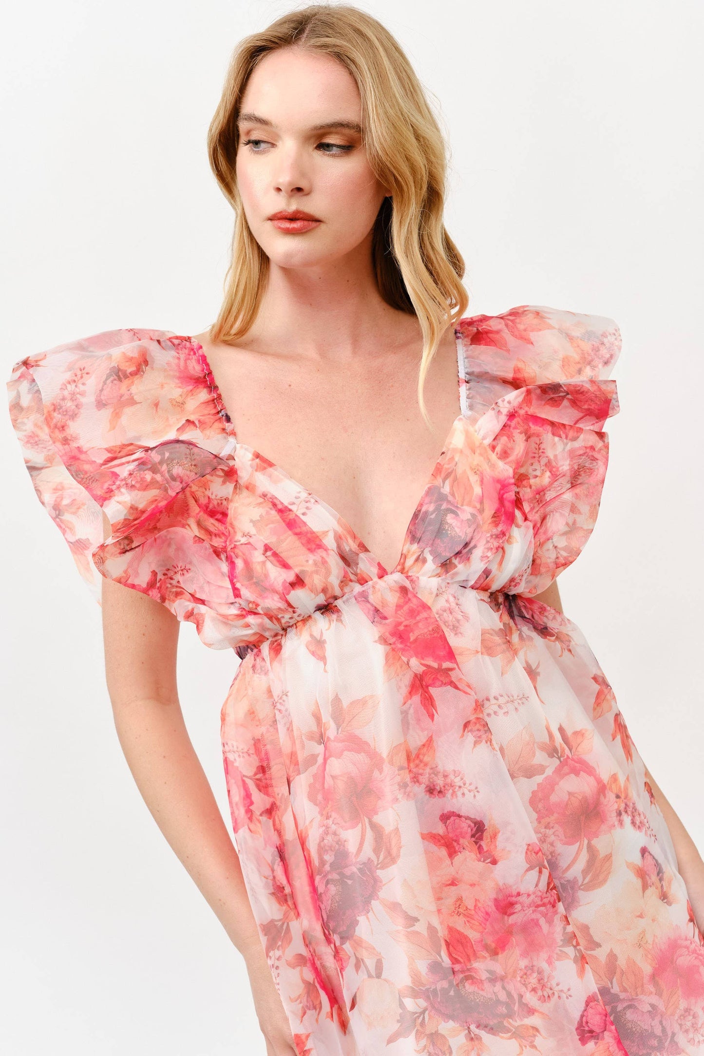 Pink Floral Chiffon Mini Dress with Ruffle Sleeves