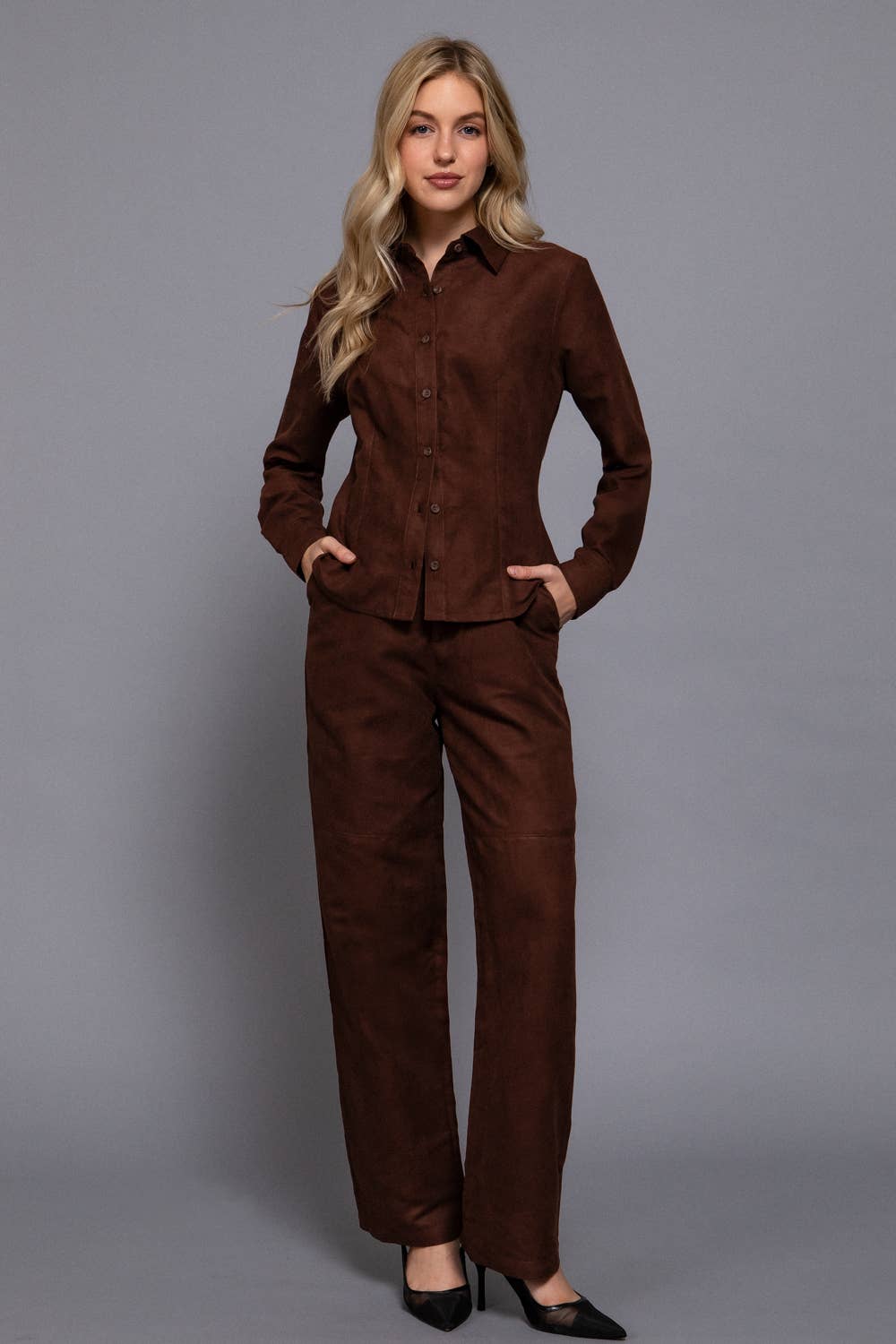 Faux Suede Straight Leg Woven Pants ~ Dark Brown