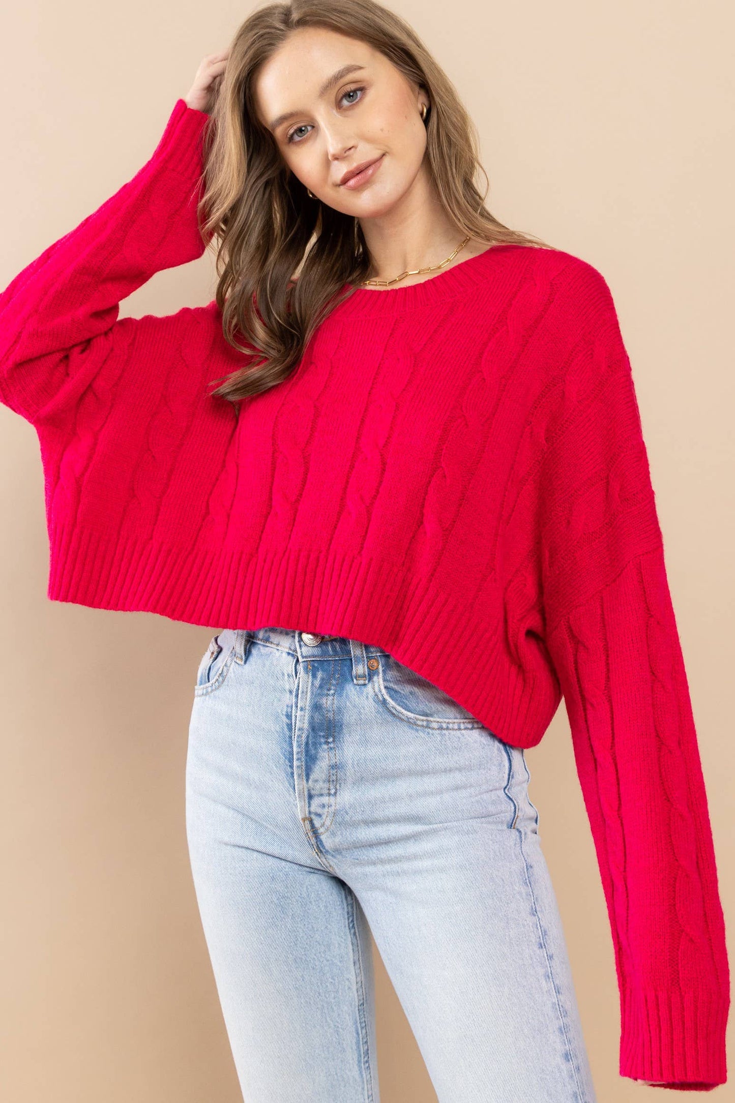 Cable Cropped Sweater - Retro/Vintage Design ~ Pink