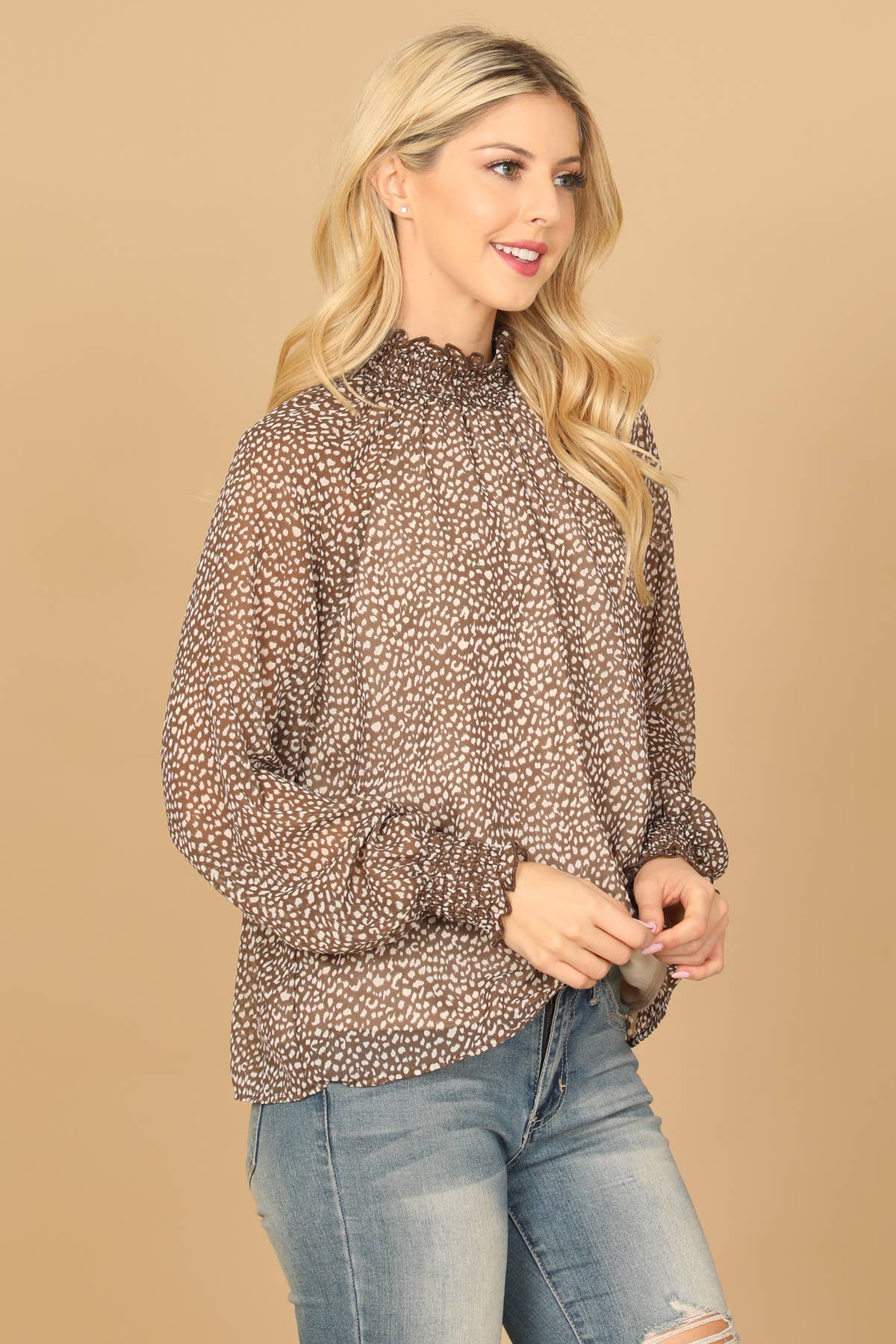 Smocked High Neck Printed Top