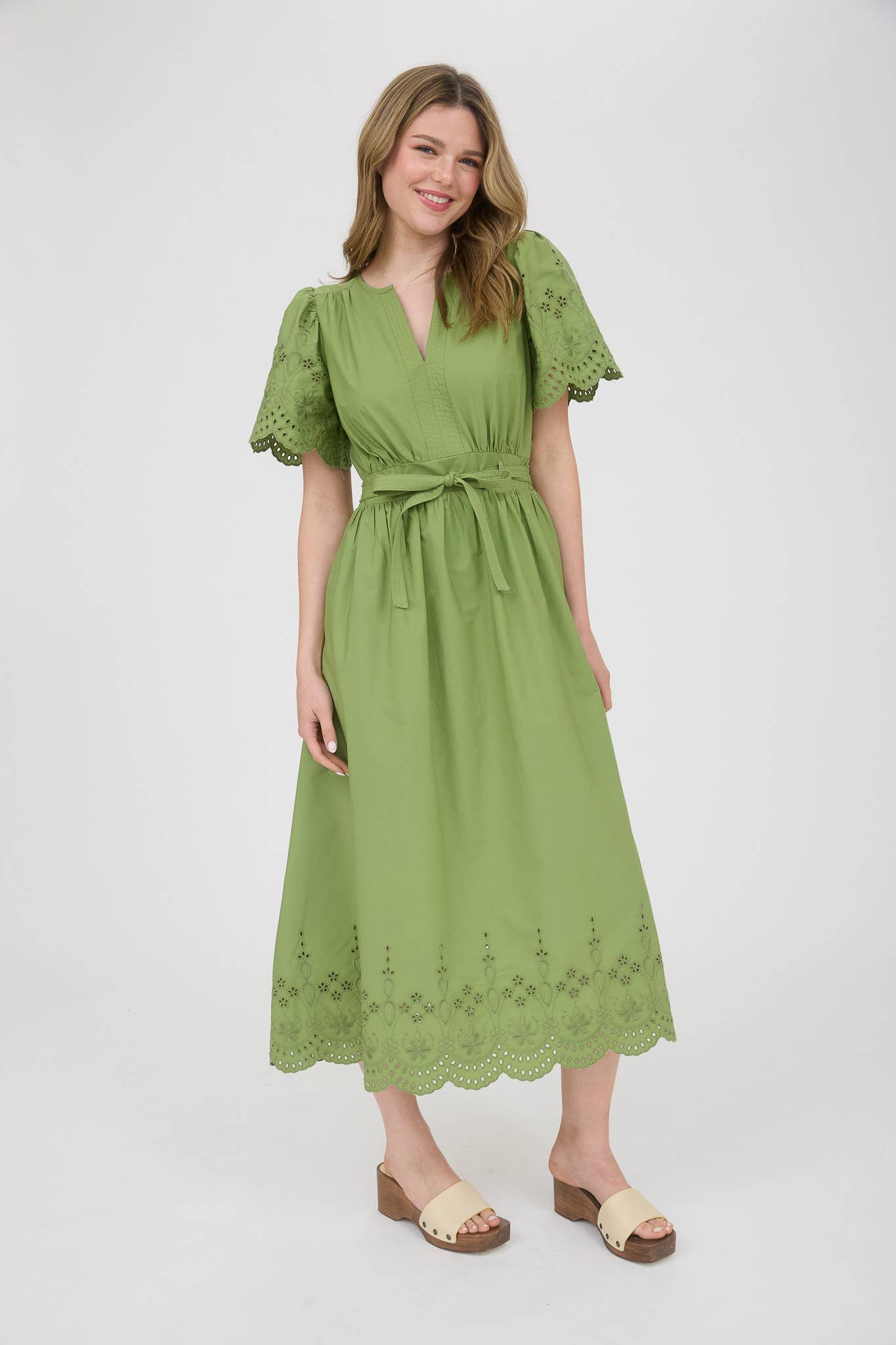 EMBROIDERY EYELET DETAIL MIDI DRESS