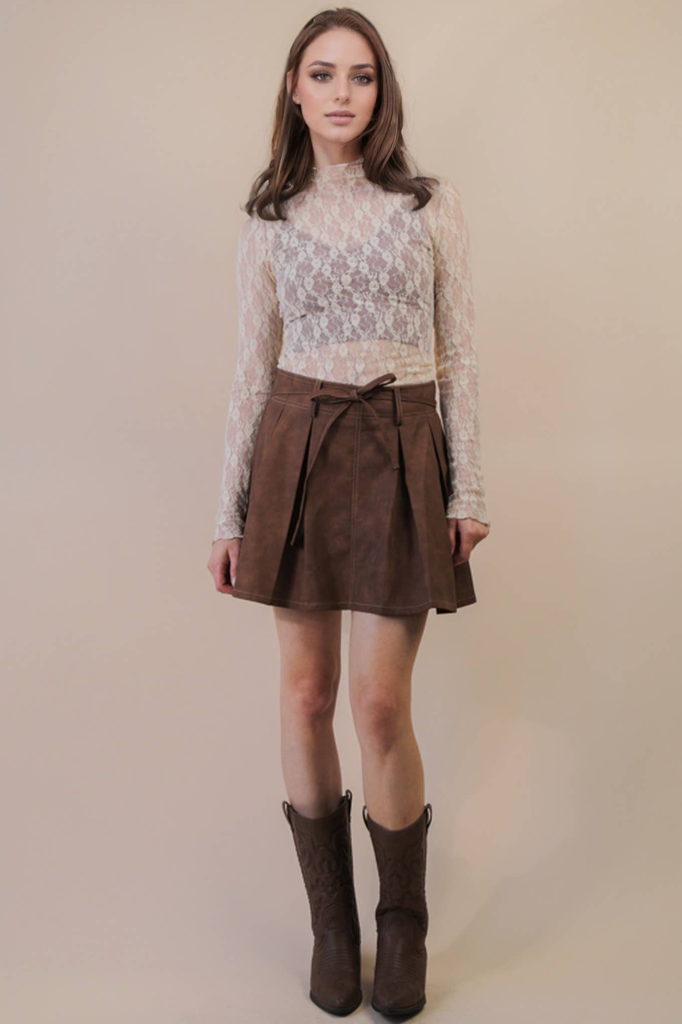 High Neck Fitted Sheer Mesh Lace Knit Top ~ Champagne
