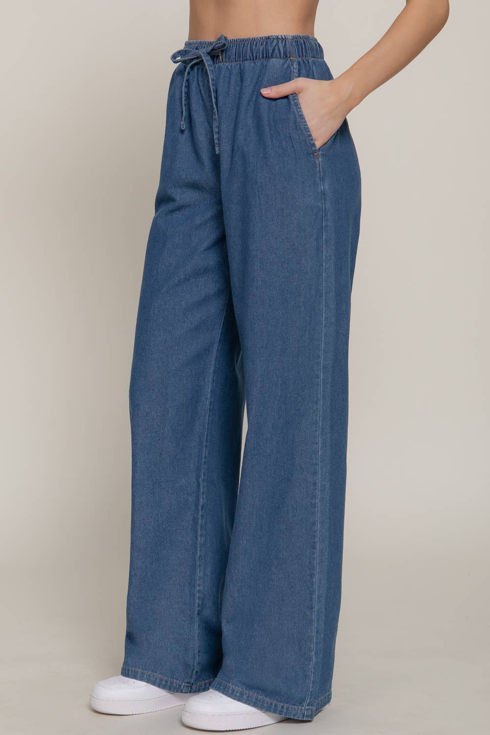Elastic Waistband Straight Denim Long Pants