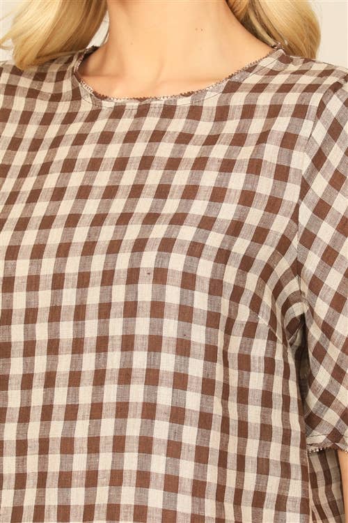 Plaid Half Puff Sleeve Top