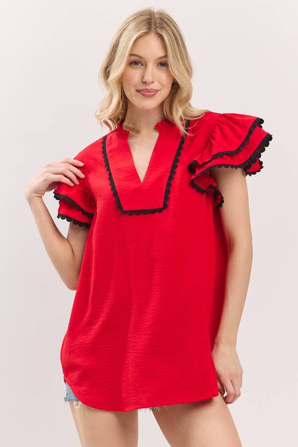 Game day Ruffle Sleeve Scallop Trim Top