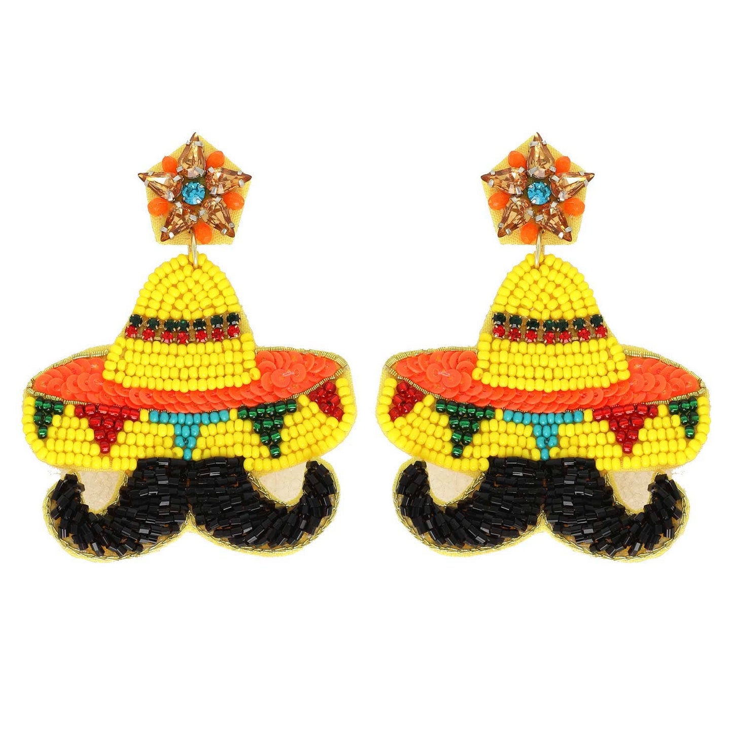 Cinco De Mayo Sombrero Mustache Beaded Earrings