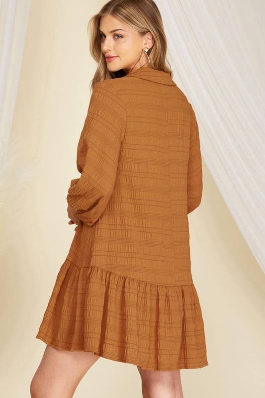 CARAMEL TEXTURED CROCHET PLACKET WOVEN MINI DRESS