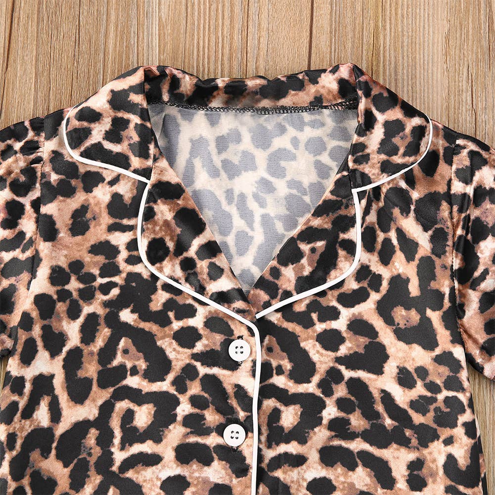Brown Leopard Short Sleeve Girl 2pcs Pajamas Set