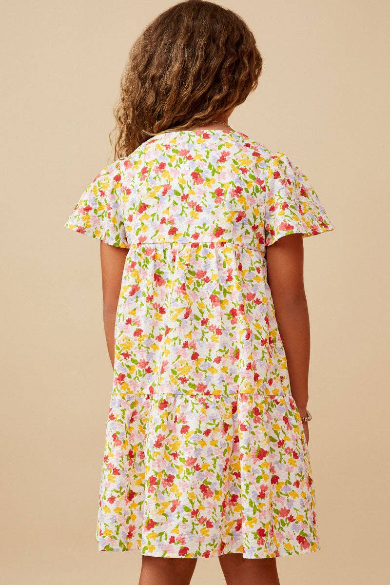 Girls Ditsy Floral V Neck Flutter Sleeve Dress