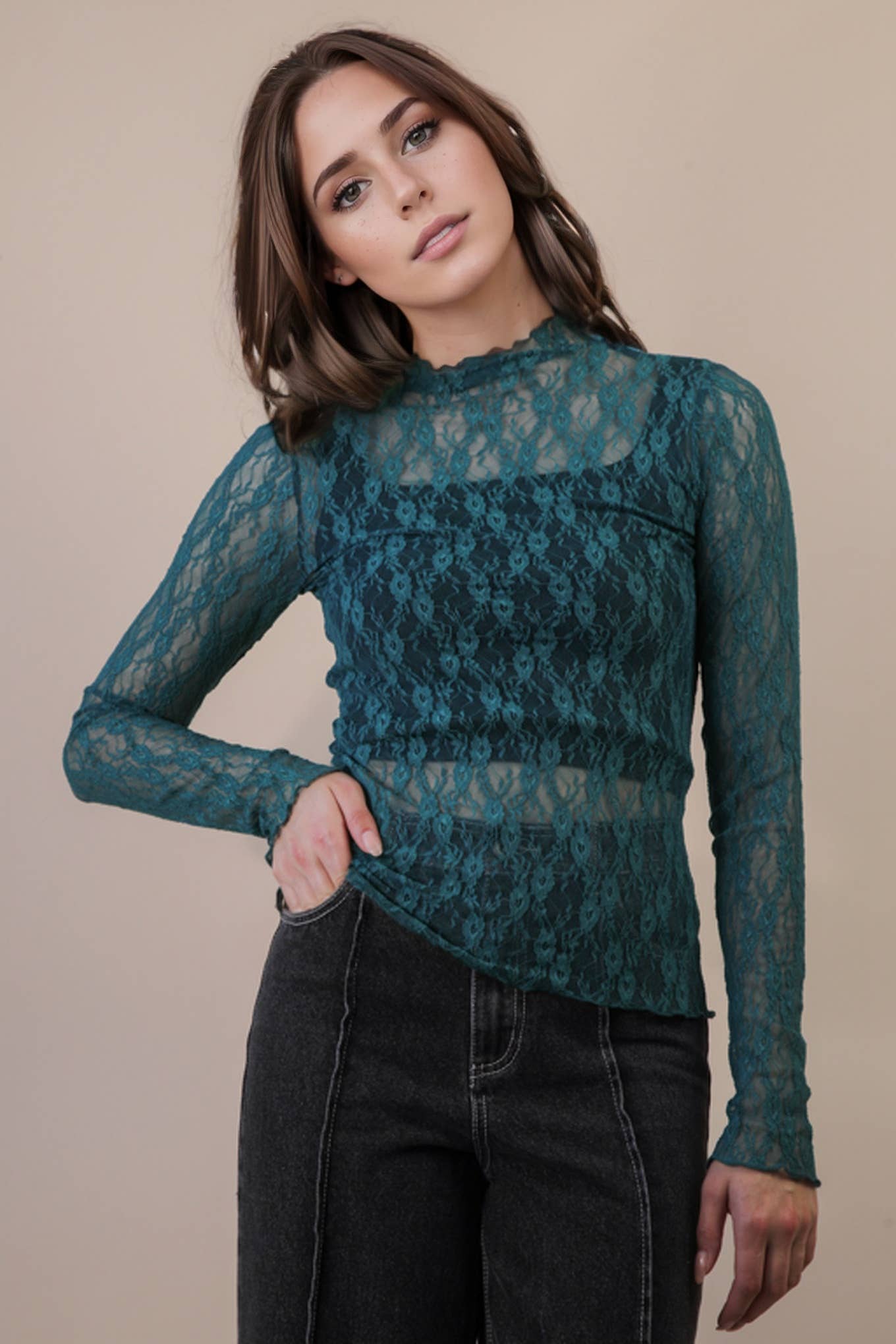 High Neck Fitted Sheer Mesh Lace Knit Top ~ Forest