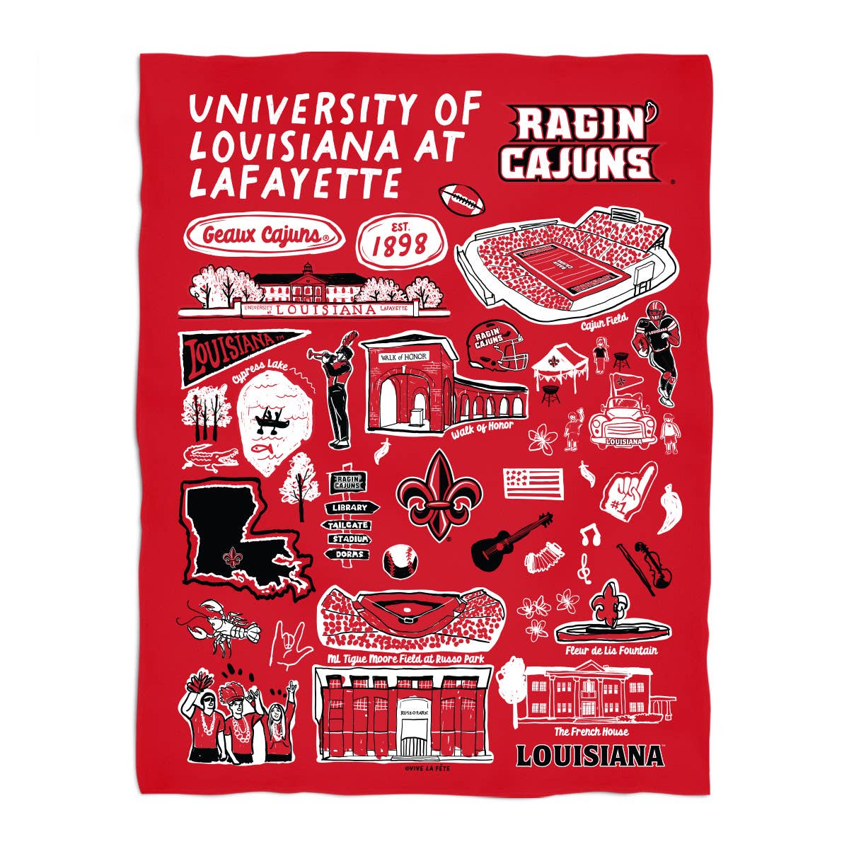 Louisiana At Lafayette Hand Sketched Minky Blanket