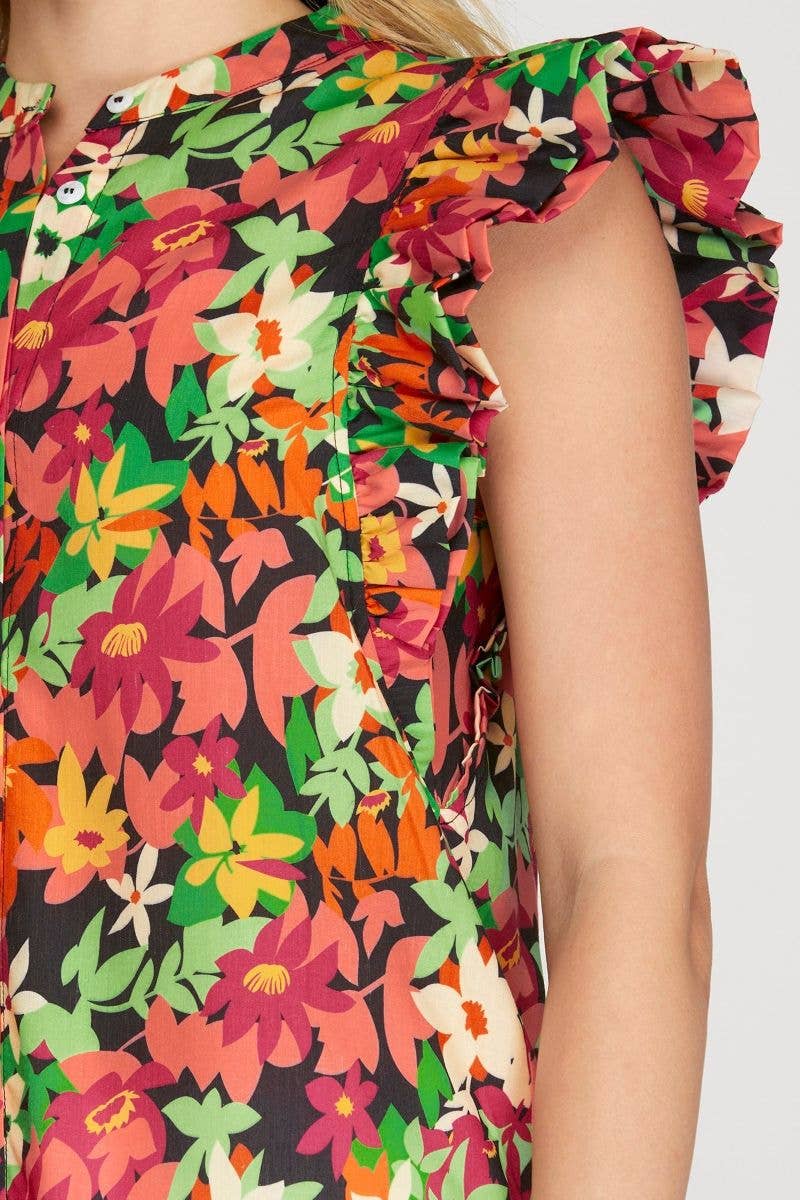 BLACK FLORAL FLUTTER SLEEVES BUTTON-UP TOP