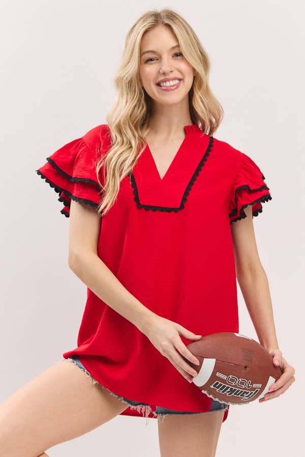 Game day Ruffle Sleeve Scallop Trim Top