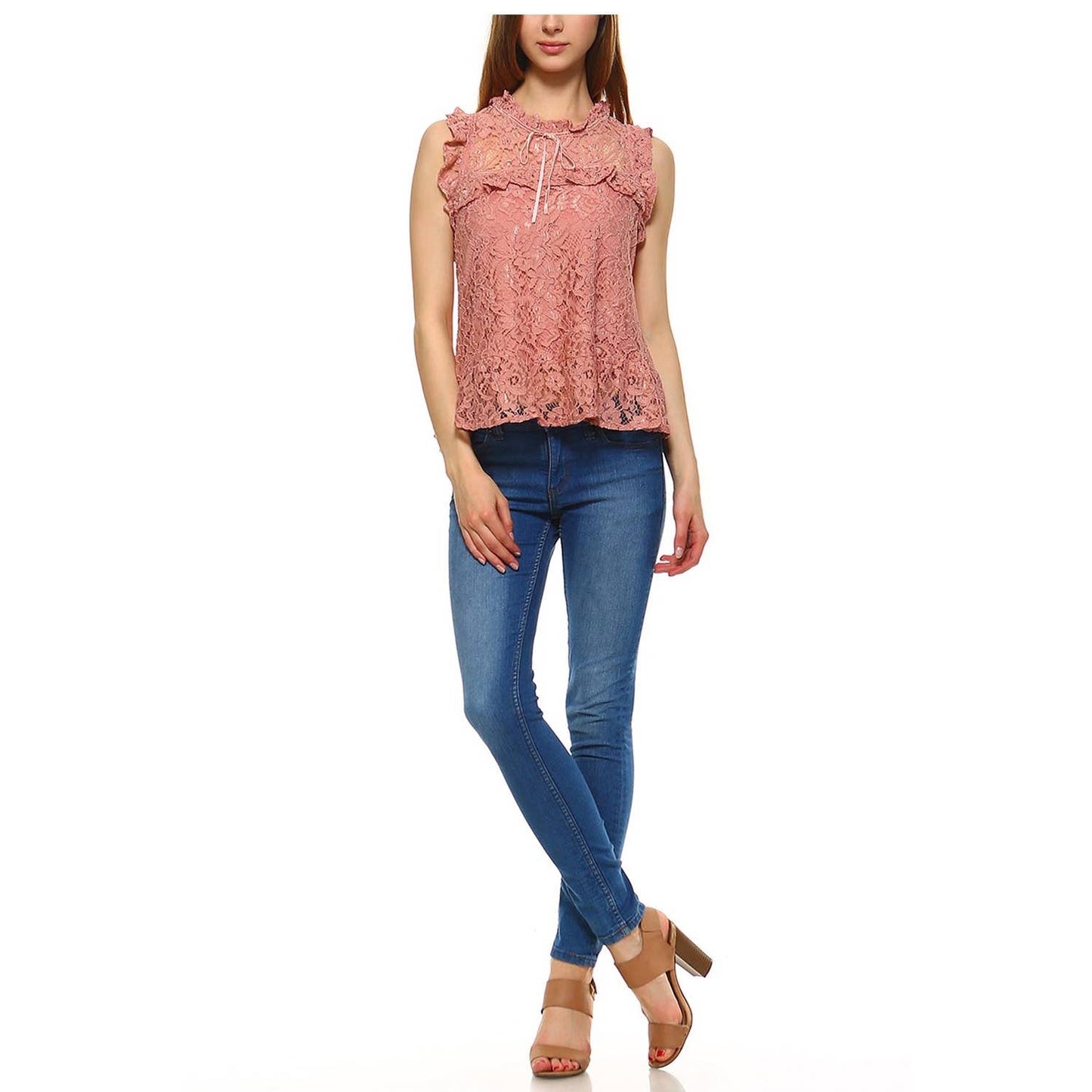 WOMENS PLAIN SLEEVELESS ROUND NECK LACE BLOUSE