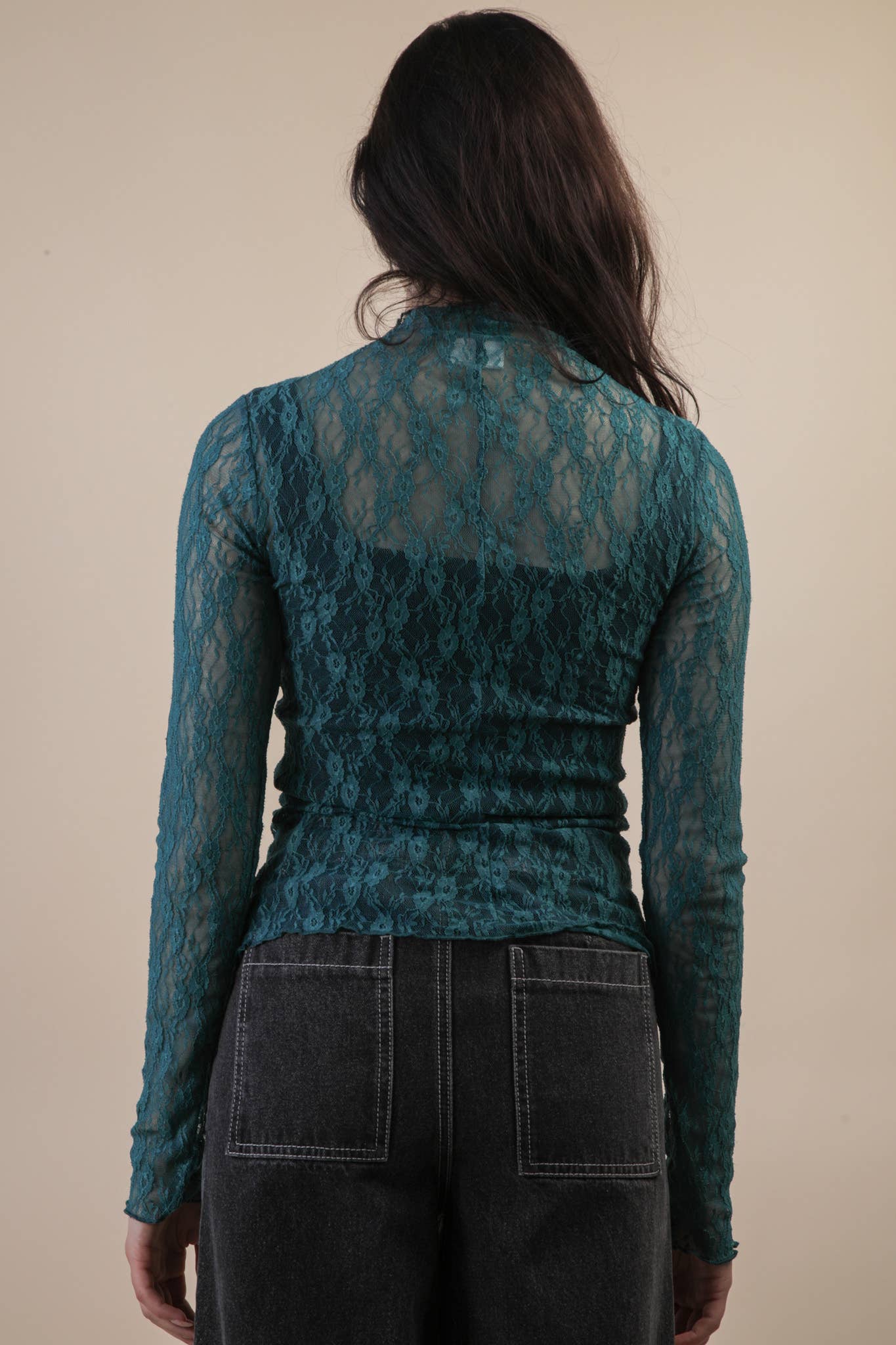 High Neck Fitted Sheer Mesh Lace Knit Top ~ Forest