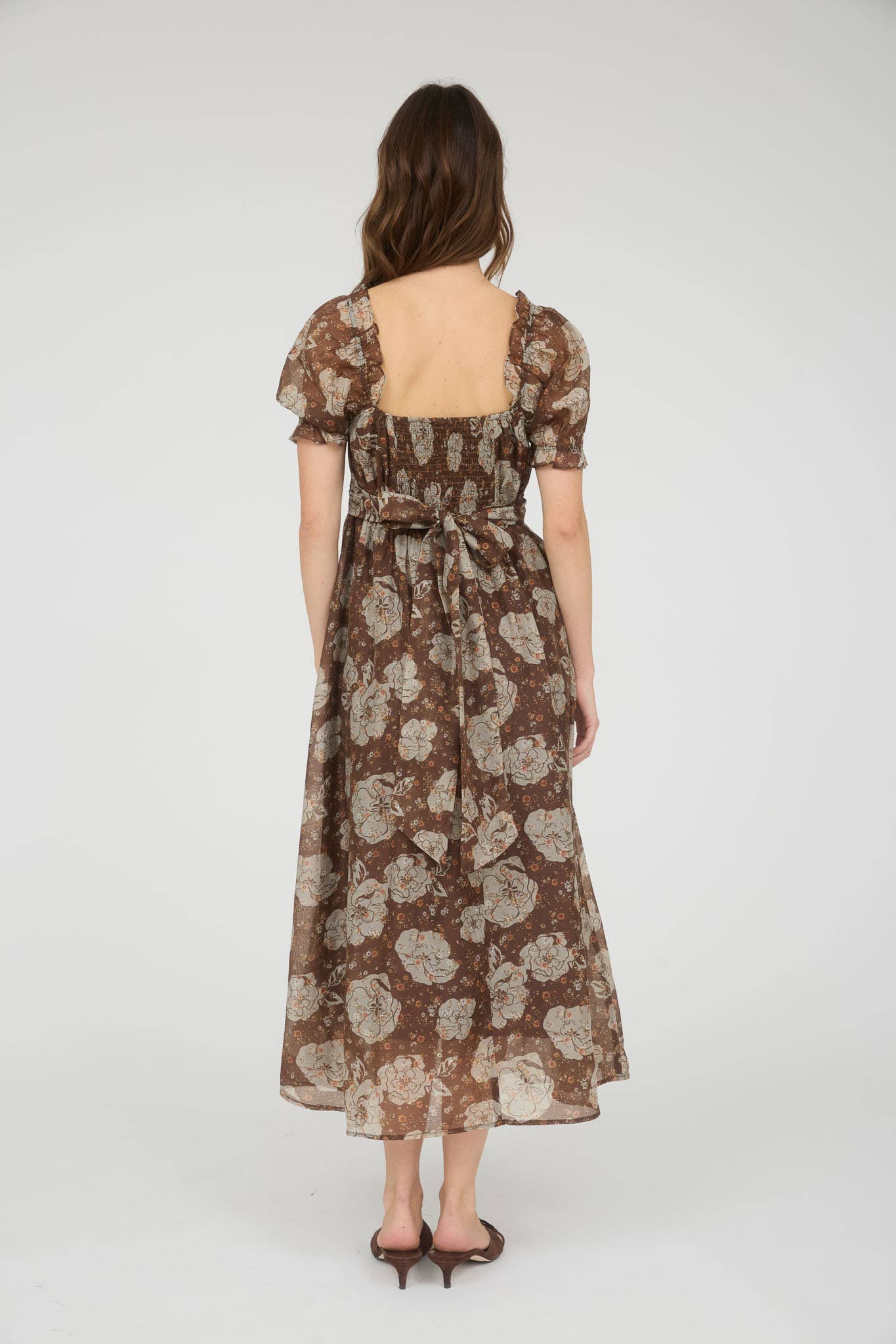 FLORAL SWEETHEART NECK BACK TIE MIDI DRESS