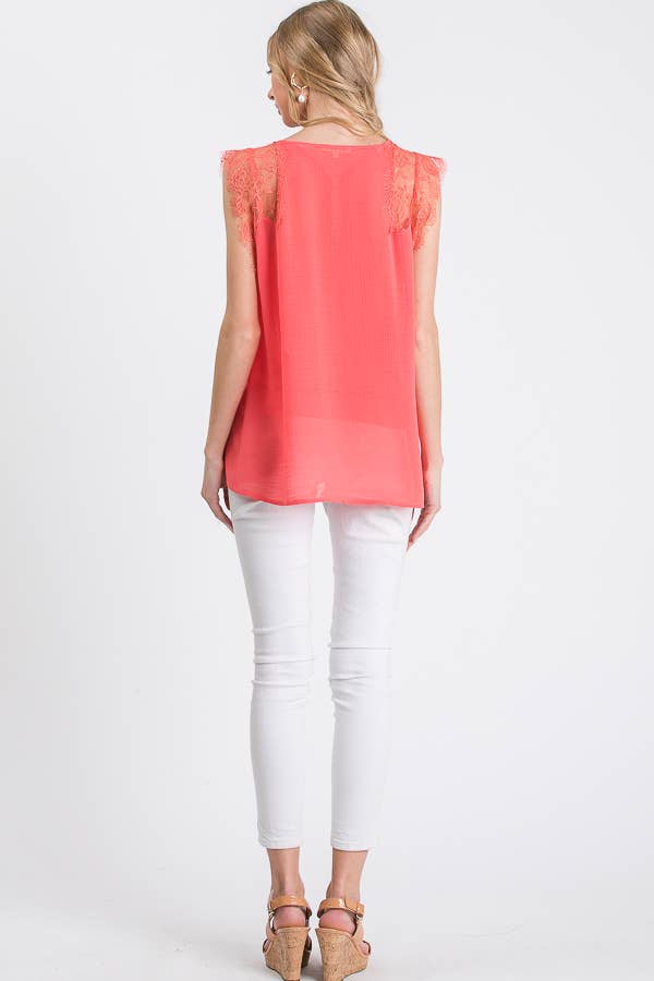 Casual Sleeveless Lace-Trim Blouse