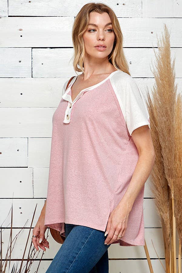 WOMEN SOLID SHORT SLEEVE SLIT CUT TOP WITH BUTTONS