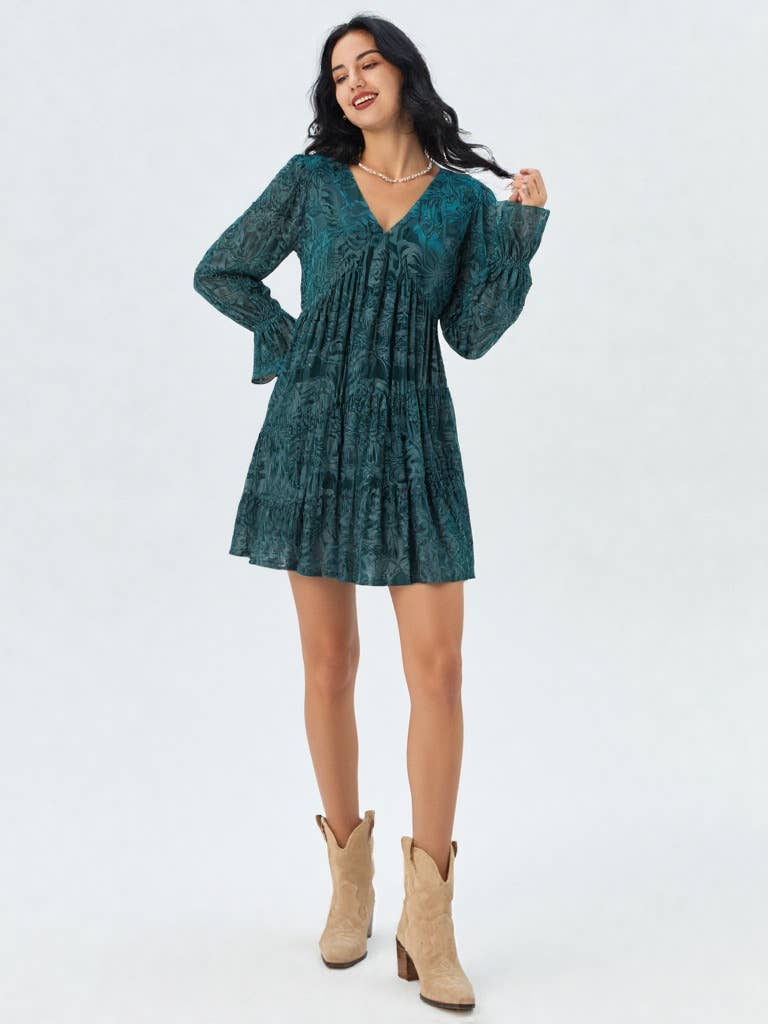 Deep V-neck Jacquard Velvet Mini Dress