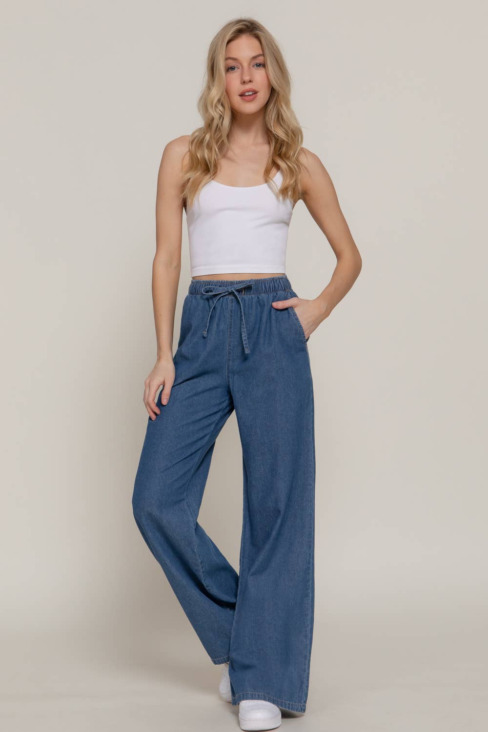 Elastic Waistband Straight Denim Long Pants