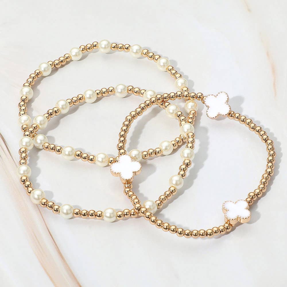 3PCS - Quatrefoil Pearl Beaded Stretch Multi Layered Bracelets