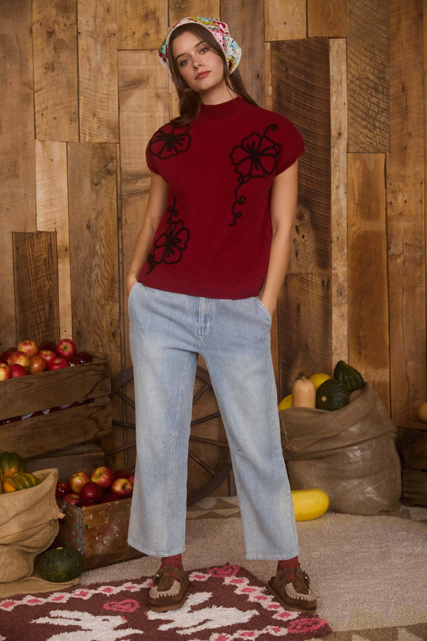 MOCK NECK CONTRAST FLORAL TRIM KNIT SWEATER