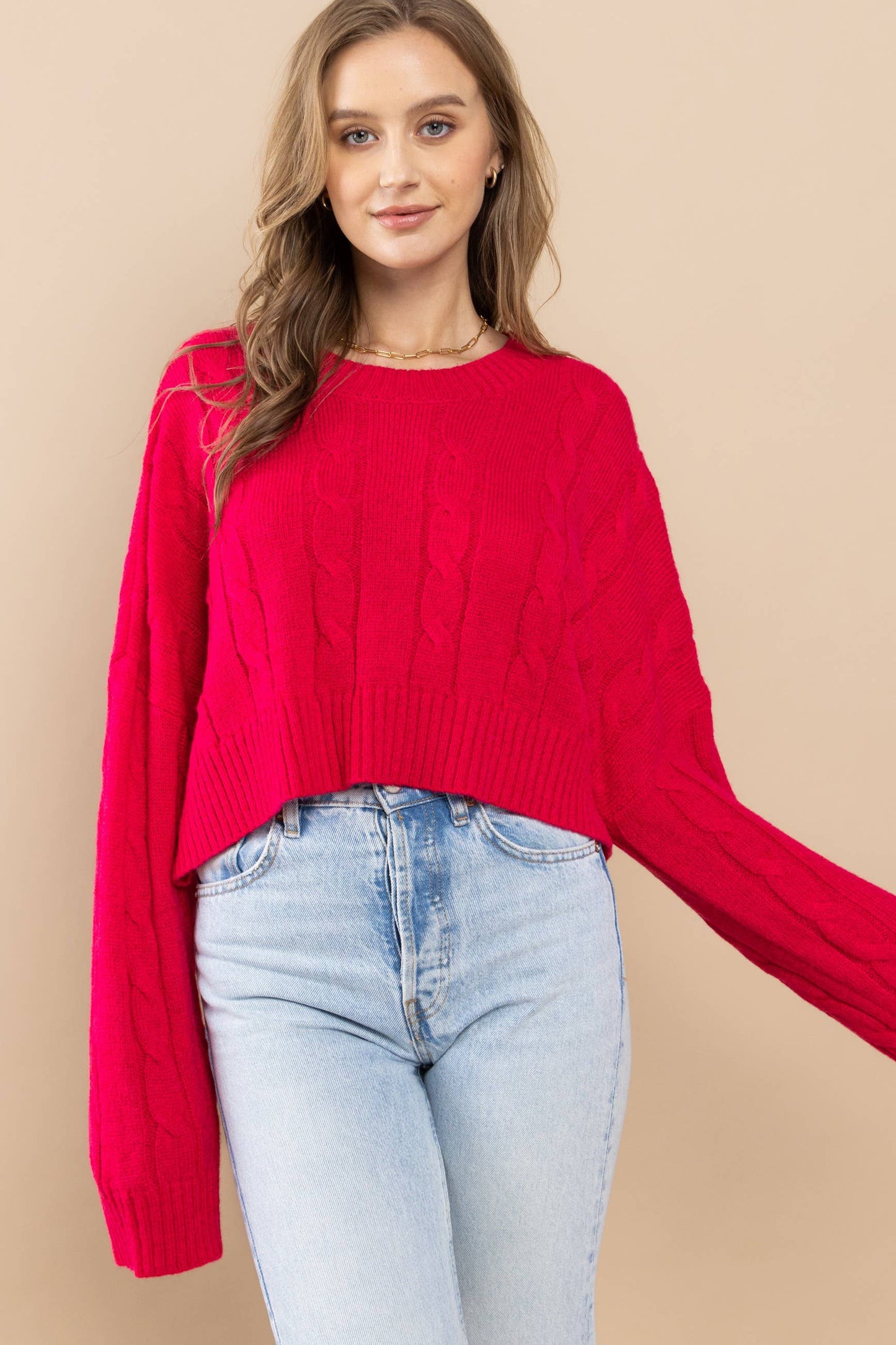Cable Cropped Sweater - Retro/Vintage Design ~ Pink