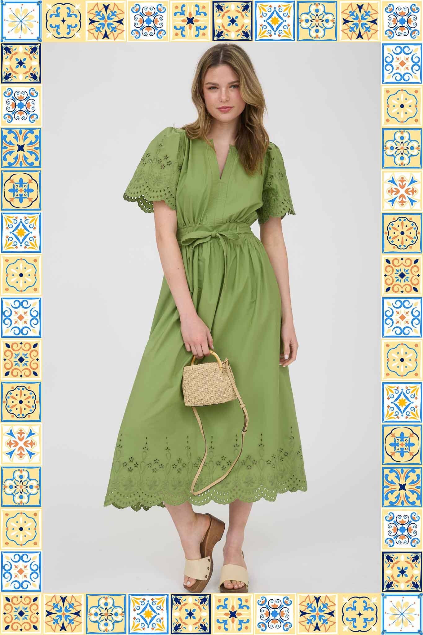 EMBROIDERY EYELET DETAIL MIDI DRESS